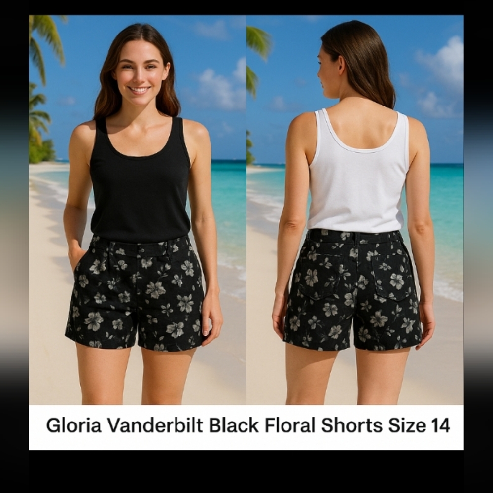 Gloria Vanderbilt Black  Floral Cotton Shorts Size 14 – Summer Casual Comfort